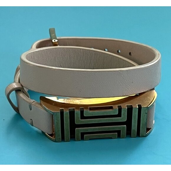 Tory Burch Womens Double Wrap Bracelet Beige Leather & Gold-Tone Metal - Picture 1 of 7